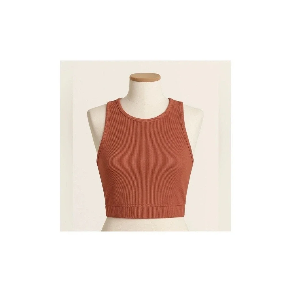 Fashion Nova Ribbed Swim Top Rust Orange High Neck Sporty Bikini Crop XS NWOT
